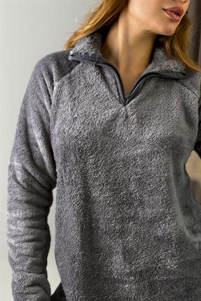 Kadın Yarım Fermuarlı  Welsoft Peluş Füme Sweatshirt 