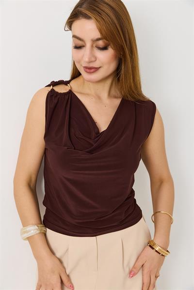 Kadın Degaje Yaka Kolsuz Sandy Bluz Kahverengi