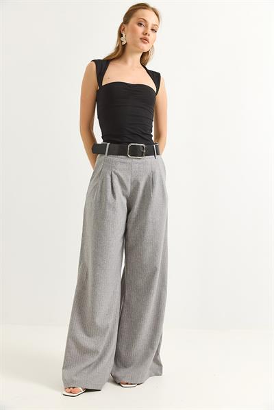 Keten Karışımlı Palazzo Pantolon Gri