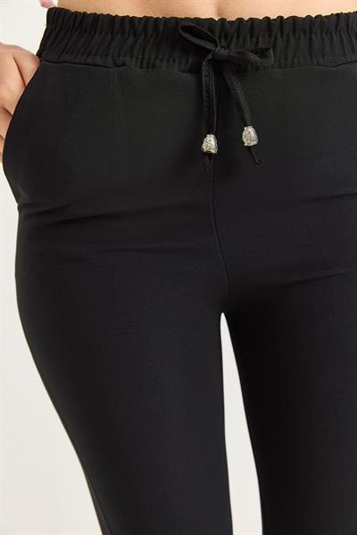 Beli Lastikli Kısa Paça Double Krep Pantolon Siyah