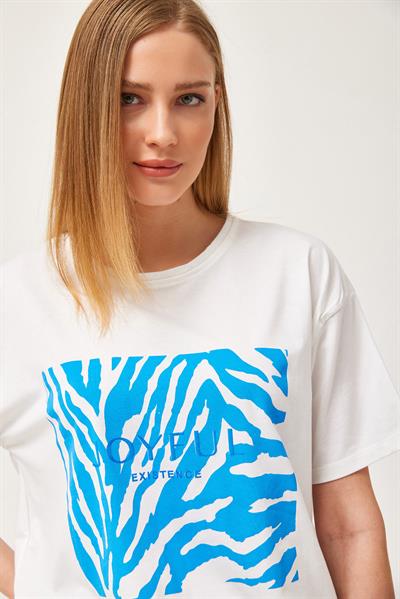 Desenli Bisiklet Yaka Penye Tshirt Beyaz