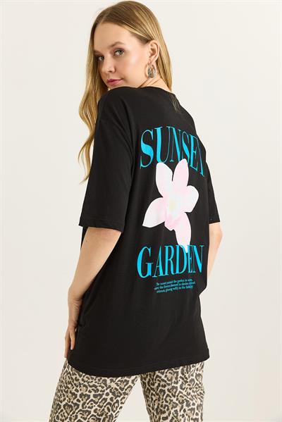 Ön Arka Baskılı Bisiklet Yaka Tshirt Siyah