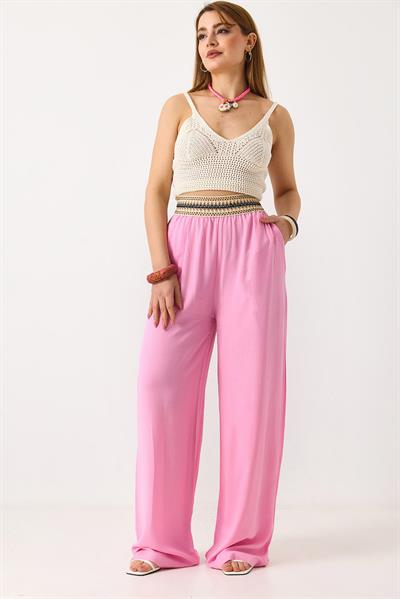 Kadın Beli Etnik Desen Keten Salaş Pantolon