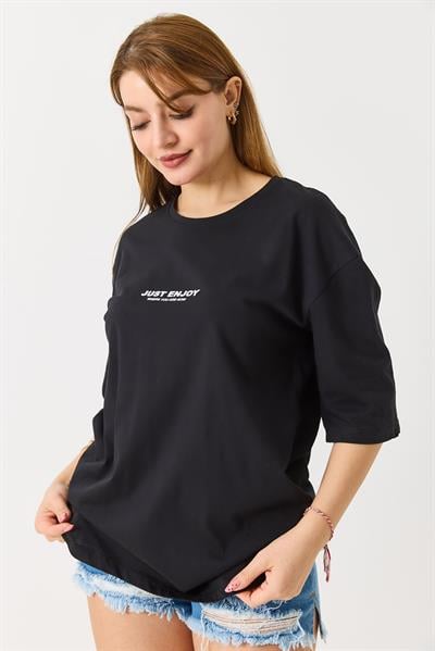 Kadın Yazı Baskılı Bisiklet Yaka Tshirt Siyah