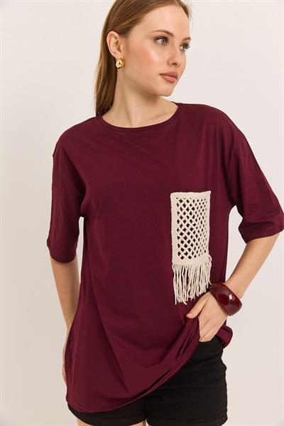 Hasır Cepli Yumuşak Dokulu Fit Tshirt Bordo
