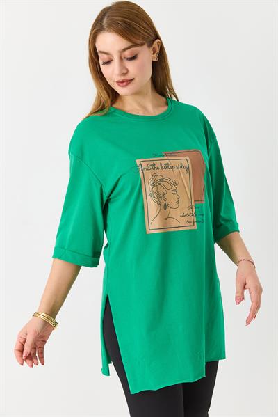 Kadın Figürlü Baskılı Bisiklet Yaka Tshirt Yeşil