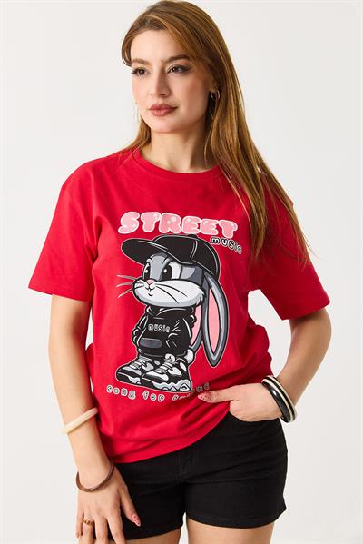 Kadın Baskılı Bisiklet Yaka Kısa Kol Tshirt Kırmızı