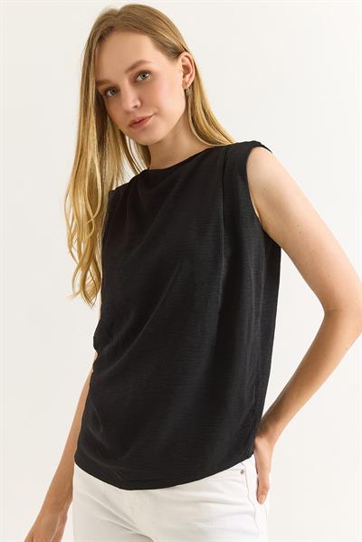 Ayrobin Kumaş Drapeli Siyah Kolsuz Bluz