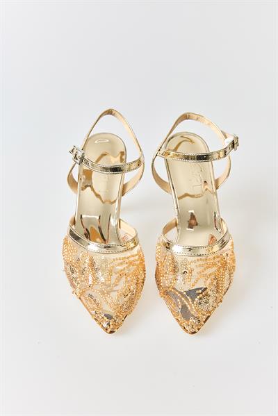 Kadın Tül Pul ve Boncuk İşlemeli Stiletto Gold