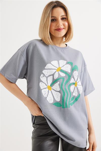 Baskılı Bisiklet Yaka Tshirt Gri