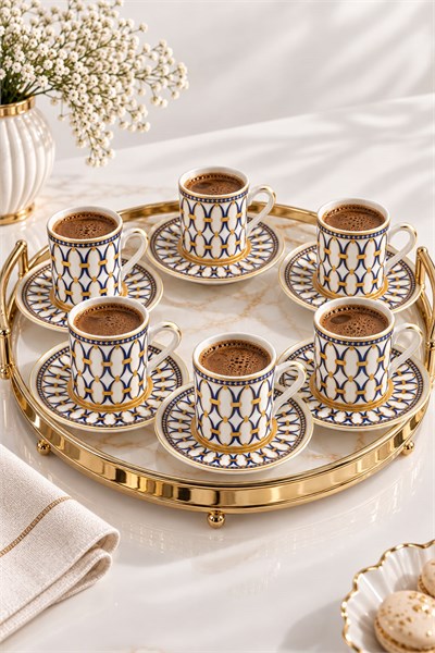 12 Parça 6lı Desenli Yıldız Motifli Fincan Takımı Gold