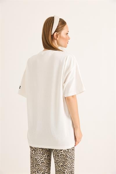 Bisiklet Yaka Baskılı Oversize Tshirt Beyaz