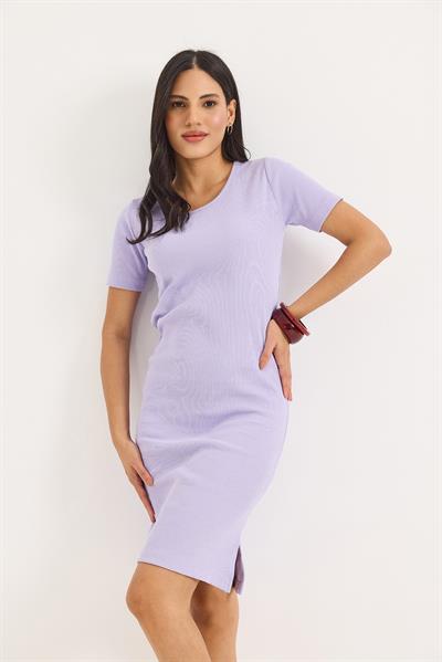 Kısa Kol Bisiklet Yaka Yırtmaç Detaylı Midi Elbise Lila