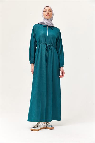 Gömlek Yaka Bel Tünelli Bürümcük Elbise Yeşil