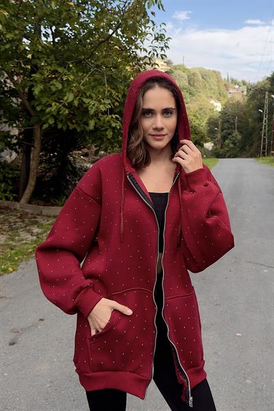 Kadın Taş Detaylı Üç İplik Oversize Kanguru Cep Sweat Hırka Bordo