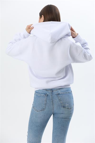 Fermuarlı Kapüşonlu  Sweatshirt Beyaz