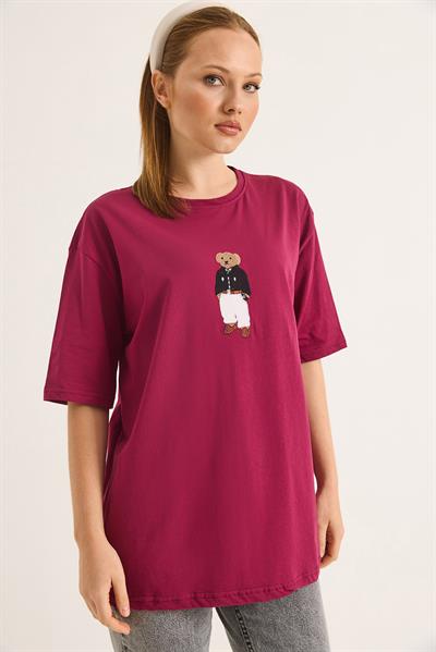 Ayıcık Nakışlı Rahat Kalıplı Tshirt Bordo