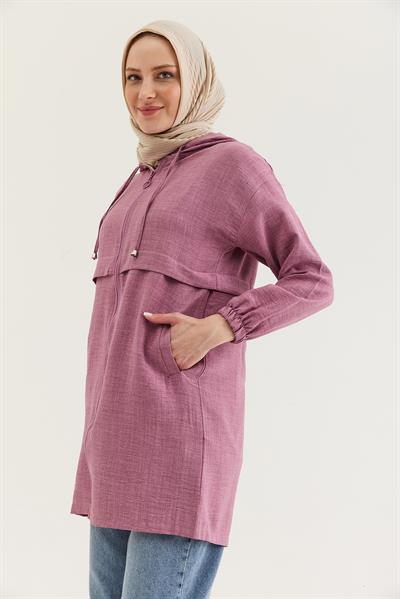 Araboy Kapşonlu Keten Kap Gül Kurusu