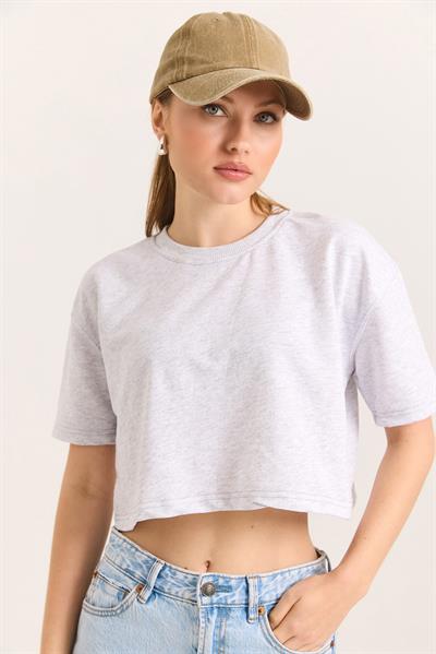 Bisiklet Yaka Havalı Crop İki İp Tshirt Açık Gri