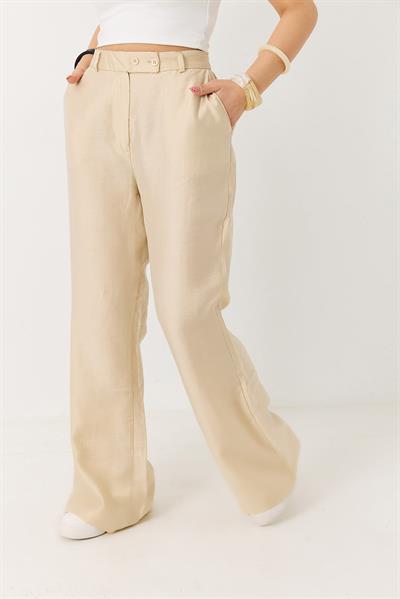 Kadın İspanyol Paça Çift Düğmeli Kumaş Pantolon Bej