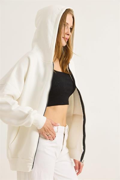 Kadın Oversize Kapüşonlu Fermuarlı Hırka Beyaz