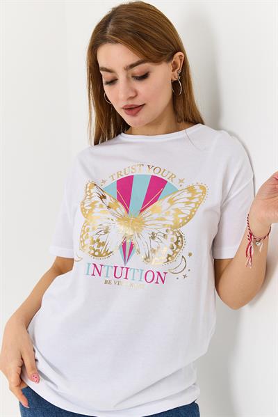 Kadın  Bisiklet Yaka Baskılı Kısa Kol Tshirt Beyaz
