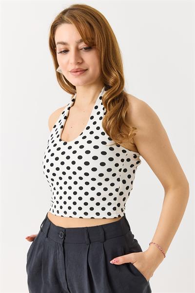 Kadın Boyundan Askılı Puantiyeli Crop Bluz Beyaz