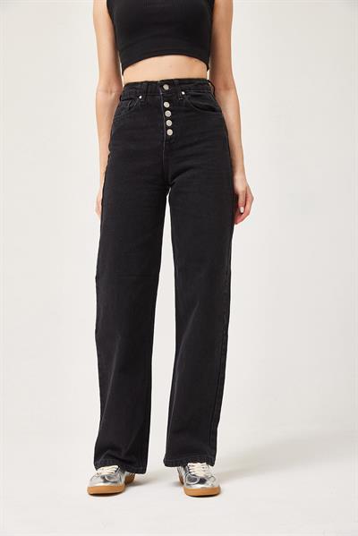 Yüksek Bel Düğmeli Wide Leg Jean Siyah