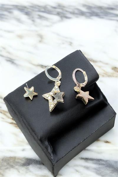 3Lü Yıldızlı Sarkıt Küpe Gold