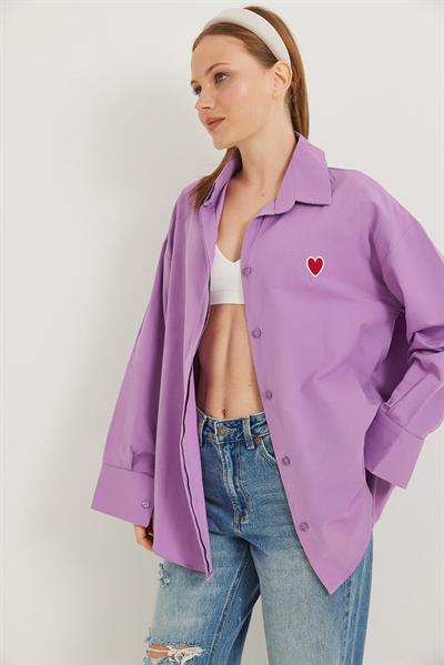 Kalp Nakışlı  Oversize Basic Gömlek Lila