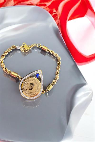 Tuğralı Mavi Taşlı Altın Kaplama Bileklik Gold