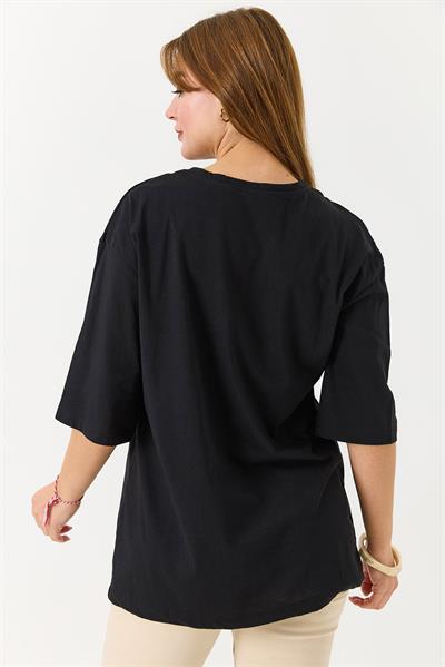 Kadın Yakası Gold Zincirli Bisiklet Yaka Tshirt Siyah