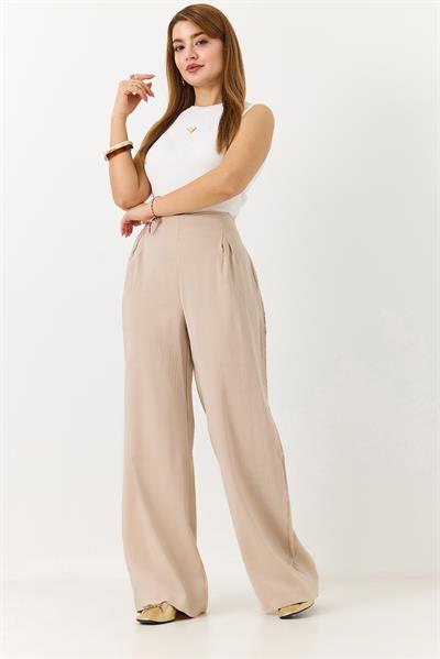 Kadın Beli Lastikli Yandan Fermuarlı Salaş Kesim Mevsimlik Pantolon Vizon