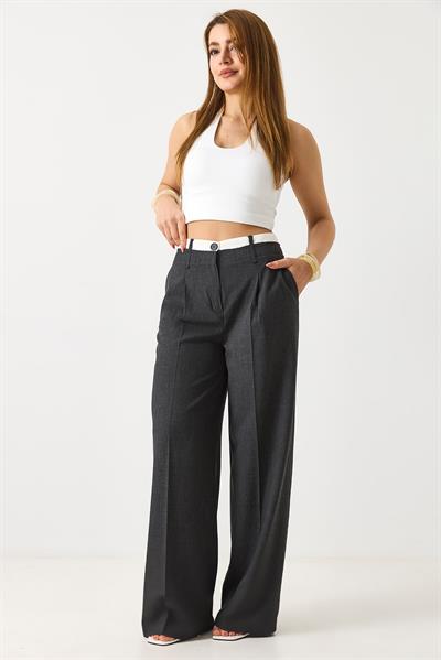 Kadın Yüksek Bel Cepli Bol Paça Pileli Palazzo Kumaş Pantolon Antrasit