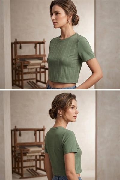Kadın Taş Detaylı Kısa Kol Crop Bluz Haki