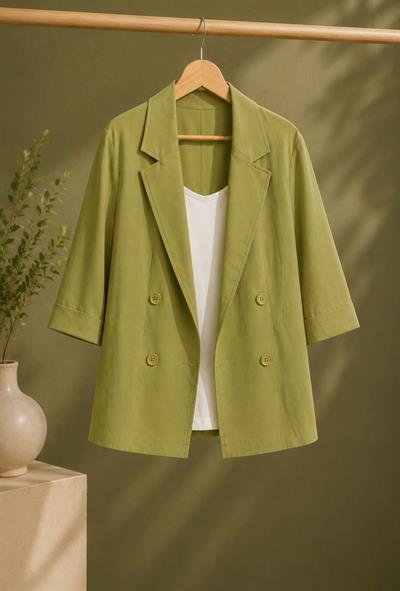 Kadın Kruvaze Yaka Oversize Blazer Ceket Açık Haki