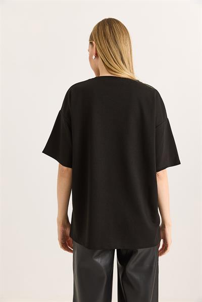 Baskılı Bisiklet Yaka Basic Tshirt Siyah