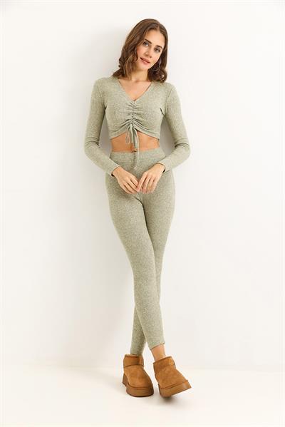 Kadın Fitilli Crop Bluz Pantalon Açık Yeşil Takım