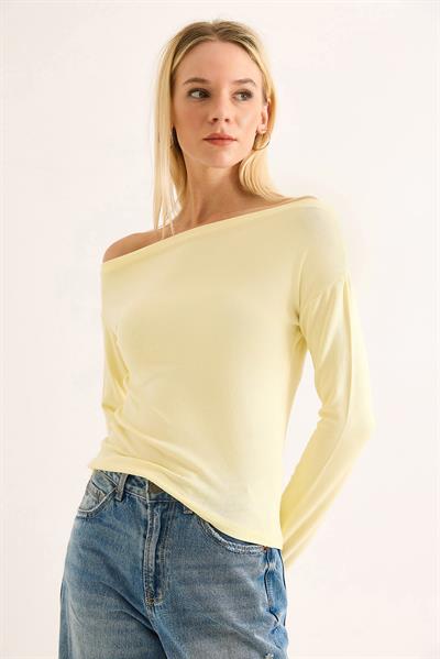 Kadın Geniş Yaka Uzun Kollu Bluz Sarı