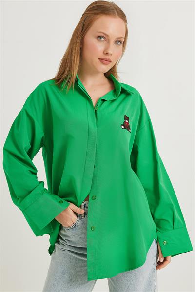 Ayıcık Nakışlı Oversize Basic Gömlek Yeşil