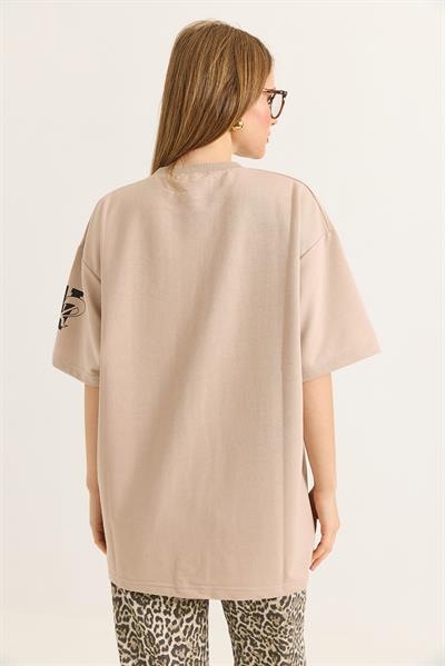 Bisiklet Yaka Baskılı Oversize Tshirt  Bej