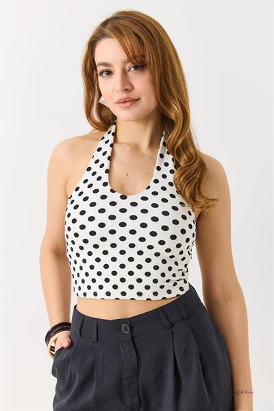 Kadın Boyundan Askılı Puantiyeli Crop Bluz Beyaz