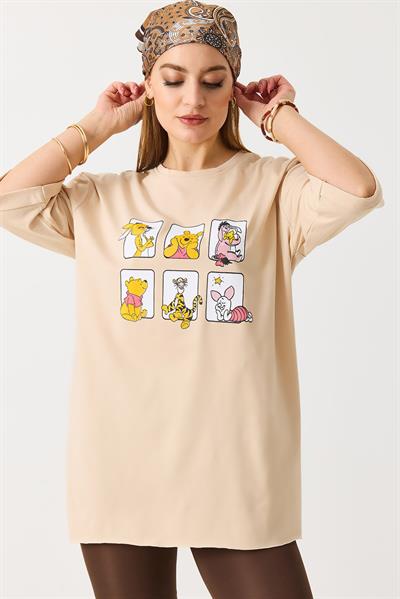 Kadın Yanı Yırtmaçlı Oversize Basic Tshirt Krem