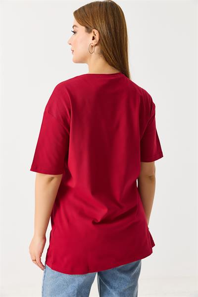 Kadın Bisiklet Yaka Kısa Kol Basic Tshirt Bordo