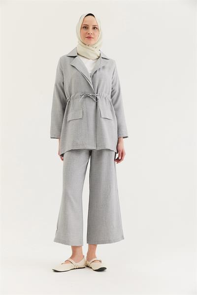 Bel Bağlamalı Ceketli Keten Takım Gri