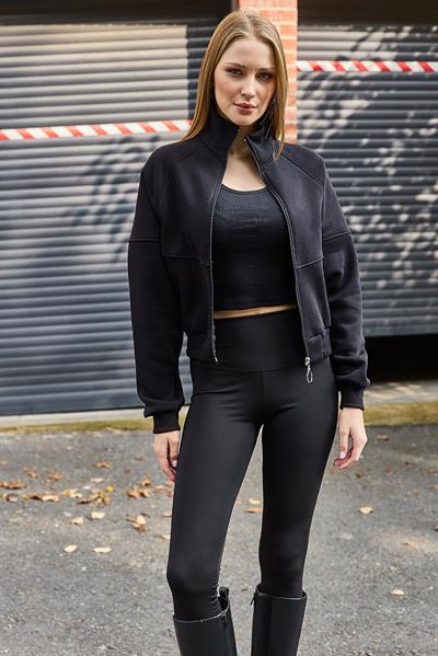 Kadın Fermuarlı Dikiş Detaylı Sweat Siyah