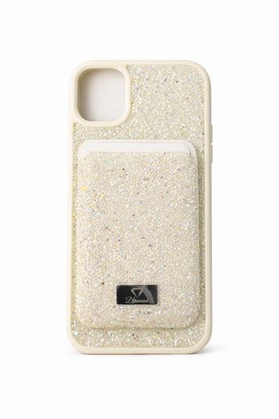 İphone 12 Uyumlu Parlak ve Taşlı Kart Bölümlü Kılıf Beyaz