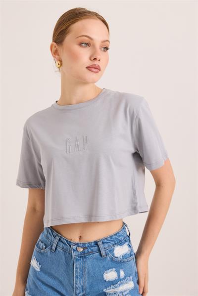 Nakışlı Örme Pamuk Crop Tshirt Gri