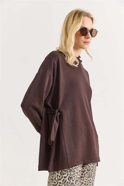 Kadın Yanları Bağlamalı Oversize Modal Tunik Kahverengi
