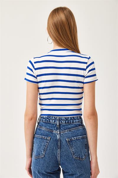 Çizgili Bisiklet Yaka Crop Bluz Mavi